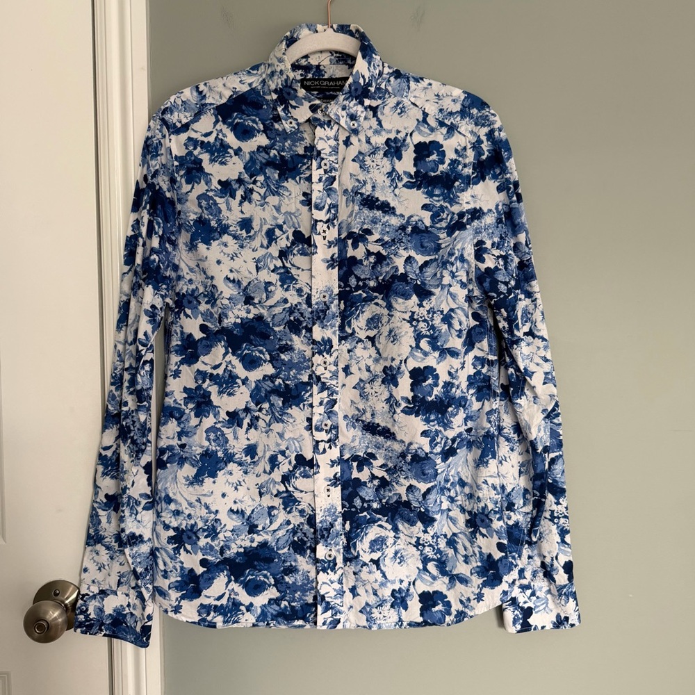 Nick Graham 100% Cotton Modern Fit Blue White Floral Men's Button Down Shirt - Picture 3 of 14